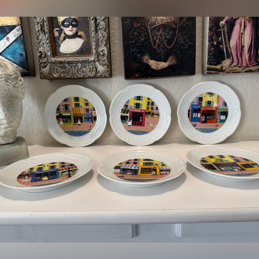 Vintage Lourioux‎ Deshoulières France Street Scene Porcelain Plates Set of 6